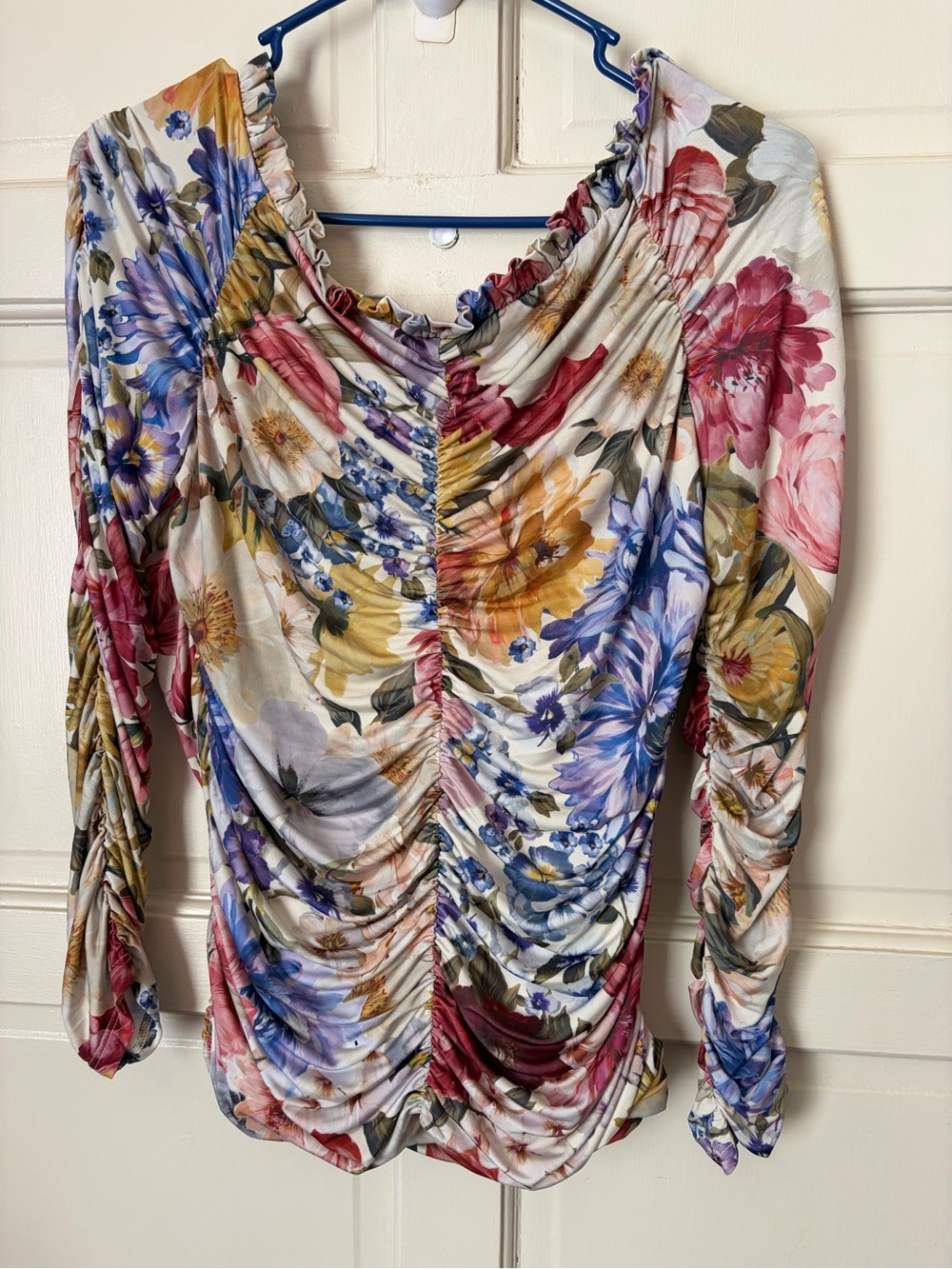 Express Floral Ruched Top — Cream, Purple, Pink, Yellow